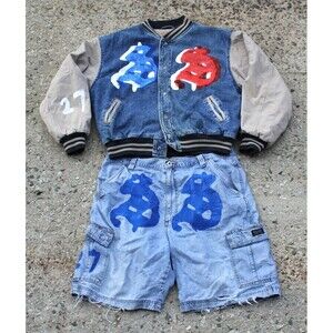 Vintage Mens 80s Gap Denim Jacket Hand Painted Grunge Size M/L & Wrangler Shorts